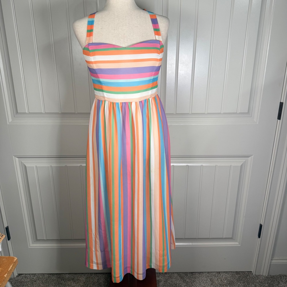 ModCloth Striped Midi Dress Womens M Multicolor Polyester Retro Halter Tainbow